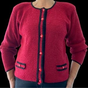 Short knitted cardigan Jackie O style, EUC Size S/M red with black trim